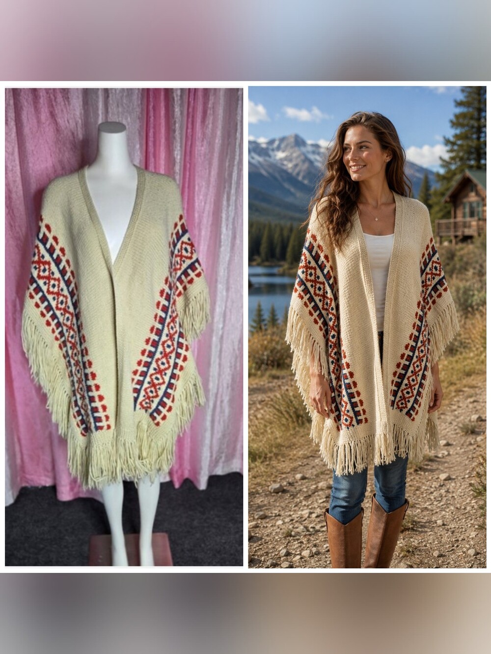 Vintage Beige Boho Crochet Fringe Open Heavyweight Shawl Poncho One Size